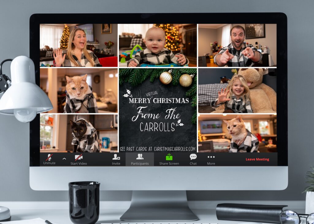 2020 Carroll family Christmas card. All four family members and three cats are in a Zoom meeting.